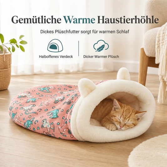 Halboffenes warmes Schlafsackbett, weiche Haustierhöhle für tiefen Schlaf mit Decke für Katzen und kleine Hunde