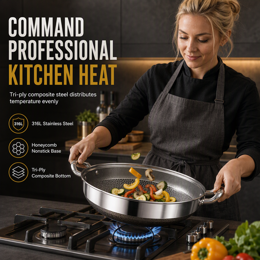 🍳Thickened Stainless Steel Nonstick Stir Fry Pan with Lid – Flat Bottom Cooking Wok with Dual Handles, Tri-Ply Thermal Core, Laser-Etched Scratch-Resistant Surface & Even Heat Distribution