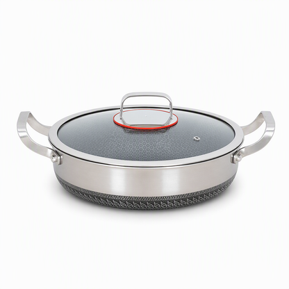 🍳Thickened Stainless Steel Nonstick Stir Fry Pan with Lid – Flat Bottom Cooking Wok with Dual Handles, Tri-Ply Thermal Core, Laser-Etched Scratch-Resistant Surface & Even Heat Distribution